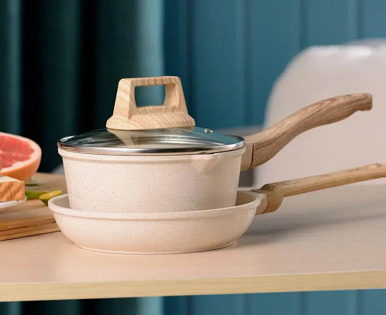 Non-Stick Frying Pan Set Maifan Stone Kitchen Soup Pot Milk Pan with Wooden Handle Pot Cookware Set Cooking Utensils for Kitchen