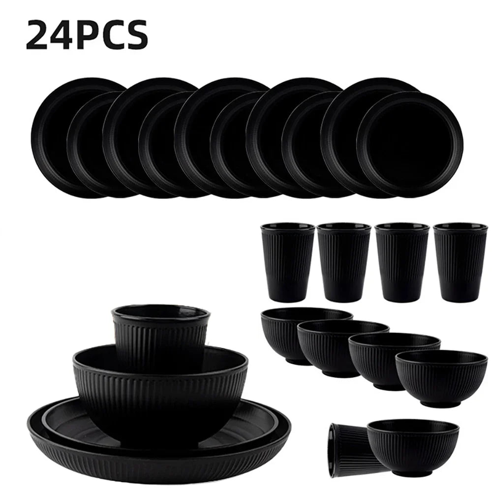 24Pcs Wheat Straw Dinnerware Set for 4: Plates, Bowls, Cups. Unbreakable Plastic for Kitchen & Outdoor Camping