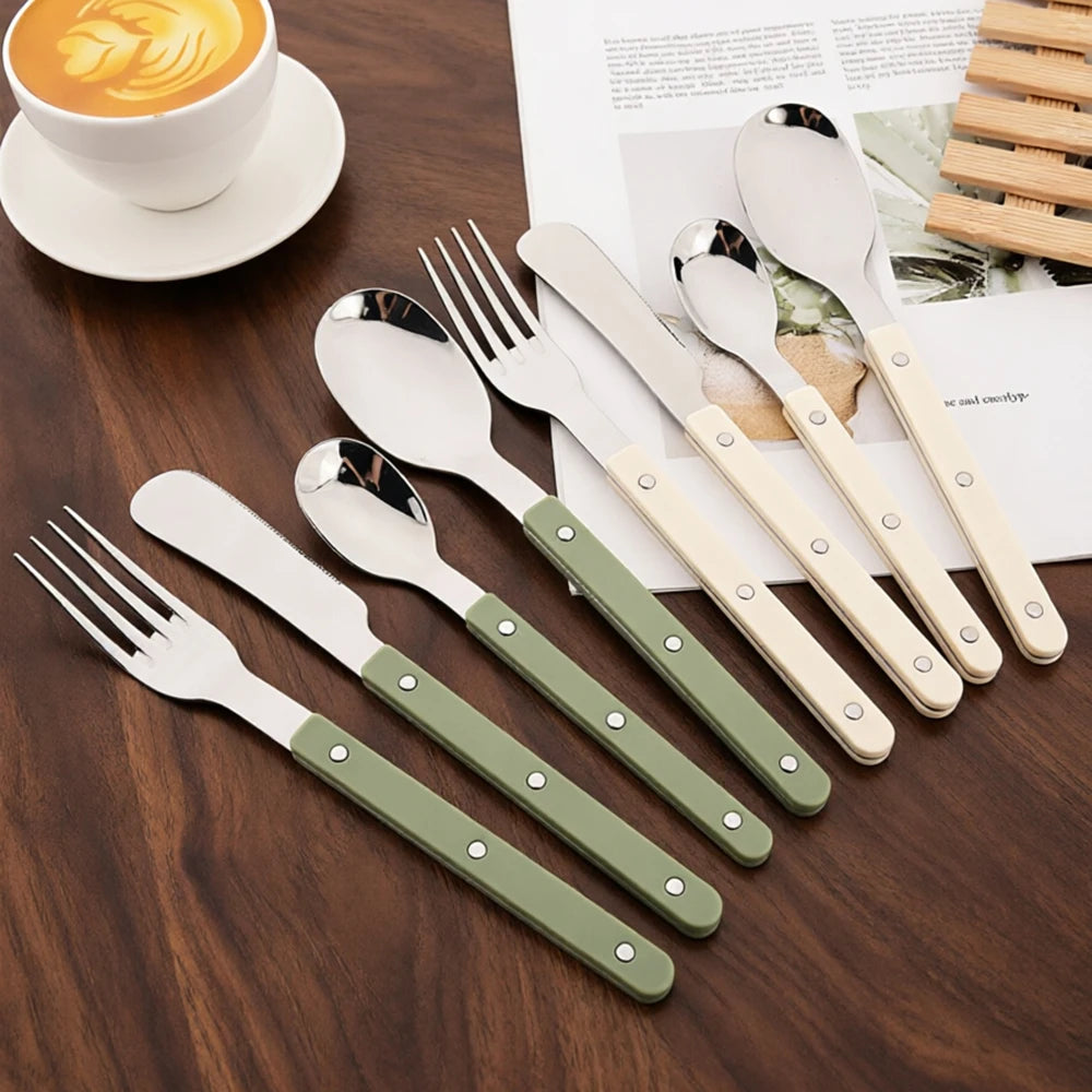 8Pcs Stainless Steel Tableware Acrylic Handle Green Silver Dinnerware Set Knife Fork Spoon Teaspoon Cutlery Kitchen Flatware Set