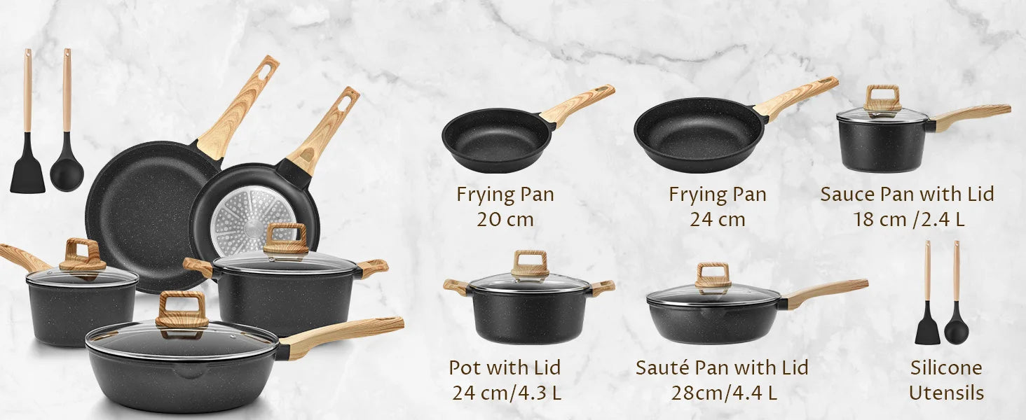 Induction Hob Pans Set 10pcs, Pots and Pans Set Non Stick, Kitchen Cookware Sets with Lids，Granite，PFAS-Free