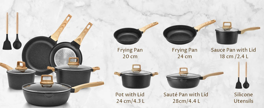 Induction Hob Pans Set 10pcs, Pots and Pans Set Non Stick, Kitchen Cookware Sets with Lids，Granite，PFAS-Free
