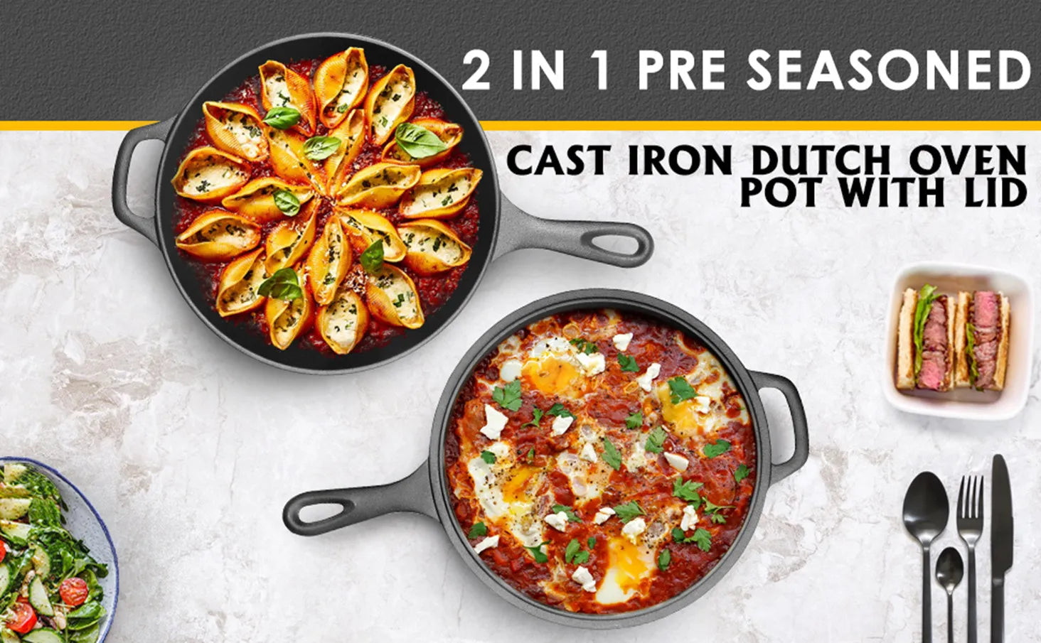 2-in-1 Pre-Seasoned Cast Iron Dutch Oven Pot 10" Deep Pot And Frying Pan For Cooking Baking Bread 3QT Skillet Cookware Set