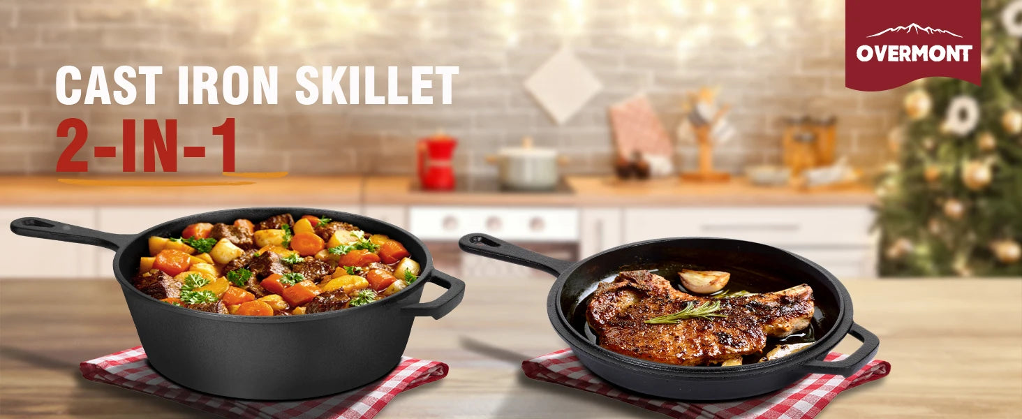 2-in-1 Pre-Seasoned Cast Iron Dutch Oven Pot 10" Deep Pot And Frying Pan For Cooking Baking Bread 3QT Skillet Cookware Set