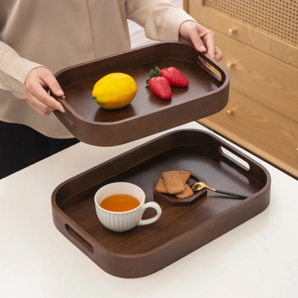 Simple Rectangular Walnut Tea Tray Hollowed-out Handle Polished Breakfast Serving Tray Vintage Tea Serving Plate Coffee Shop