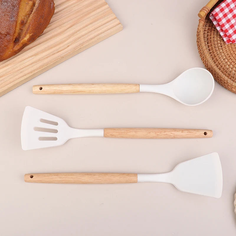 ♥Silicone Kitchen Utensil Set with Wooden Handles - Heat Resistant Spatula and Ladle for Nonstick Cookware