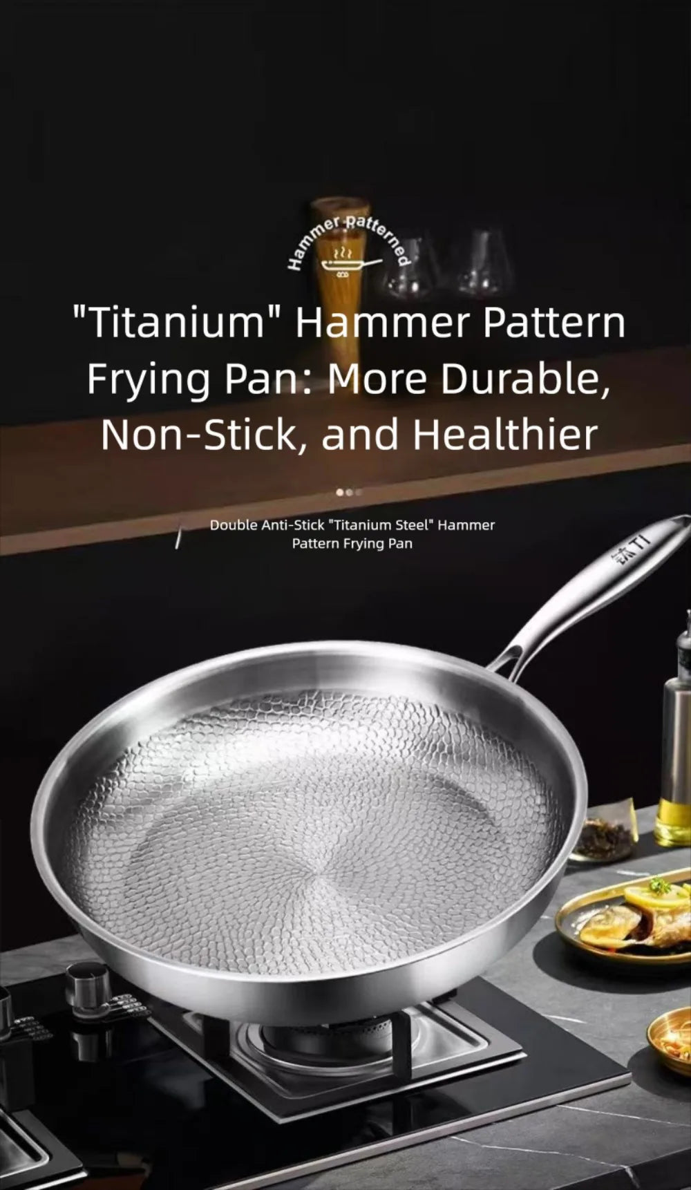 26/28/30/32cm Titanium Frying Pan Uncoated Non Stick Steak Frying Pan Thickened Fish Scale Hammer Pattern Kitchen Cookware