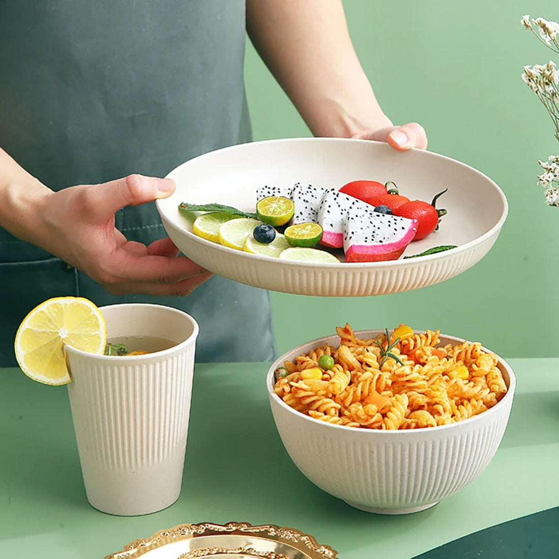 24Pcs Wheat Straw Dinnerware Set for 4: Plates, Bowls, Cups. Unbreakable Plastic for Kitchen & Outdoor Camping