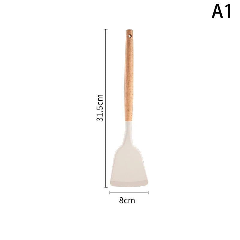 ♥Silicone Kitchen Utensil Set with Wooden Handles - Heat Resistant Spatula and Ladle for Nonstick Cookware