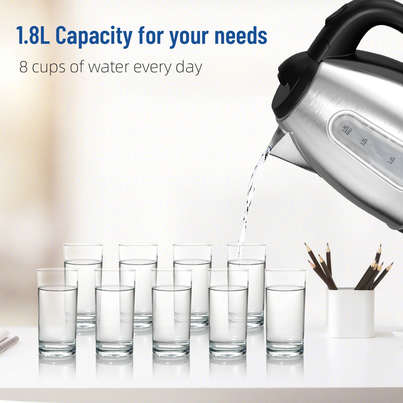 Electric Kettle, 1.8L Tea Kettle With LED Indicator, Auto Shut-Off and Boil-Dry Protection, Stainless Steel, 2200W