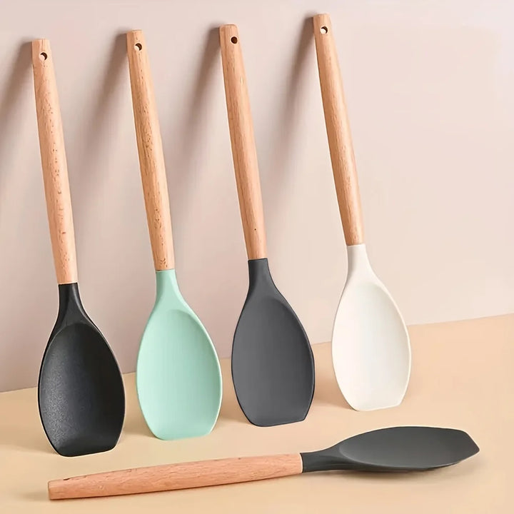 2pcs Silicone Spatula Spoons with Wooden Handle -Non-Stick Kitchen Utensils for Cooking, Rice, and More | Ergonomic | Durable
