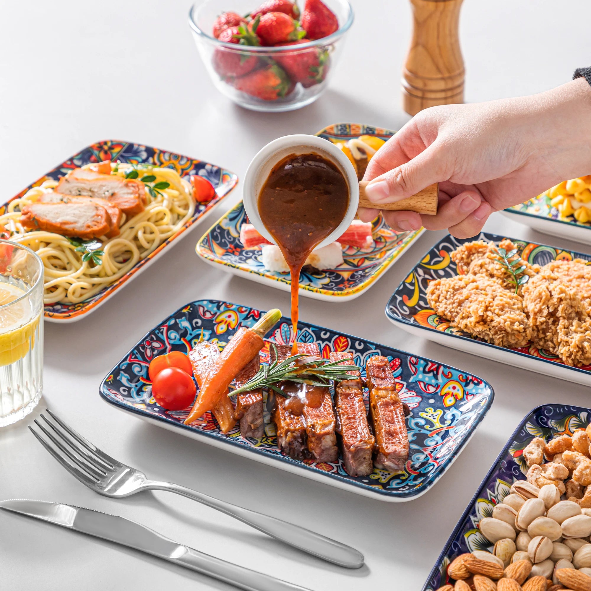 vancasso 6/12 Piece Porcelain Rectangular Serving Plates Bohemian 8.5 Inch Dinner Plates Set for Beef/Food/Noodles/Pasta Serves