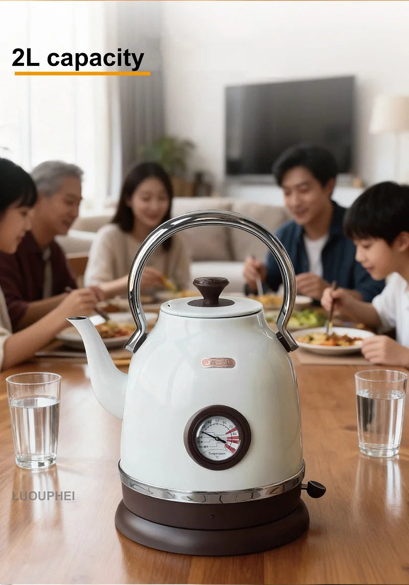 1800W Retro Electric Kettle Household 2L Keep Warm Kettle With Thermometer 304 Stainless Steel Teapot Automatic Power Off