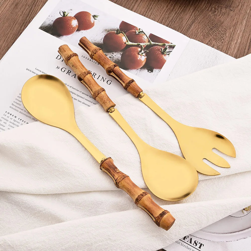 2Pcs Silver Dinnerware Cutlery 304 Stainless Steel Wood Bamboo Handle Food Serving Salad Spork Server Fork Spoon Tableware Set