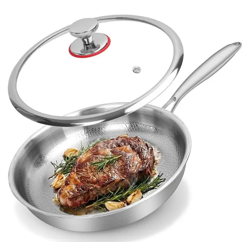 SHGO-Professional 3-Layer Stainless Steel Hammered Frying Pan Ergonomic Handles For All Stoves Cooking Utensil