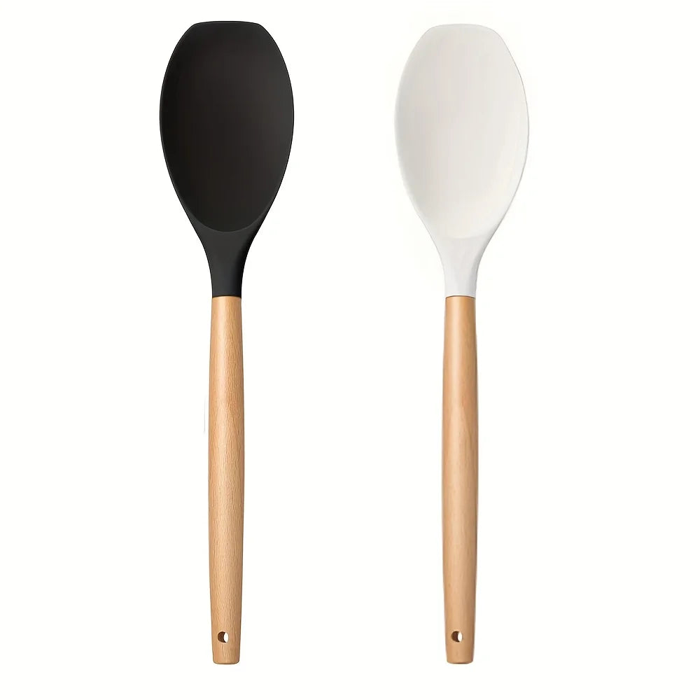 2pcs Silicone Spatula Spoons with Wooden Handle -Non-Stick Kitchen Utensils for Cooking, Rice, and More | Ergonomic | Durable