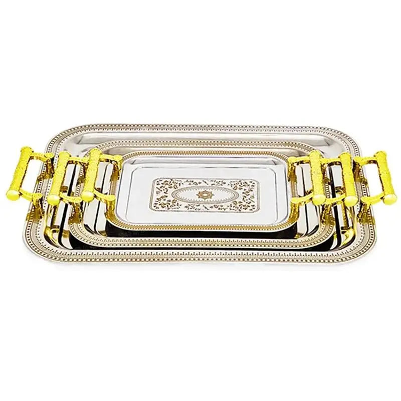 Customized Arabic Style Luxury Rectangular Metal Tray 3 Pieces Stainless Steel Serving Tray Set with Plastic Handles