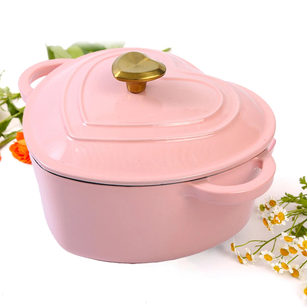 19cm Enameled Cast Iron Dutch Oven Heart Shaped Pot with Lid 2 Quart for Braising Broiling Bread Baking All Stovetops Oven Safe