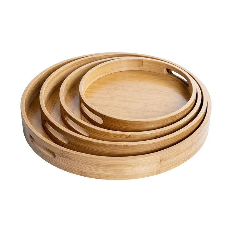 Round Bamboo Tray Wooden With Handle Tea Food Tray 25/30/35/40CM Serving Tray Breakfast Dinner