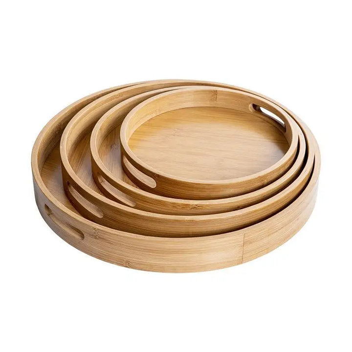 Round Bamboo Tray Wooden With Handle Tea Food Tray 25/30/35/40CM Serving Tray Breakfast Dinner