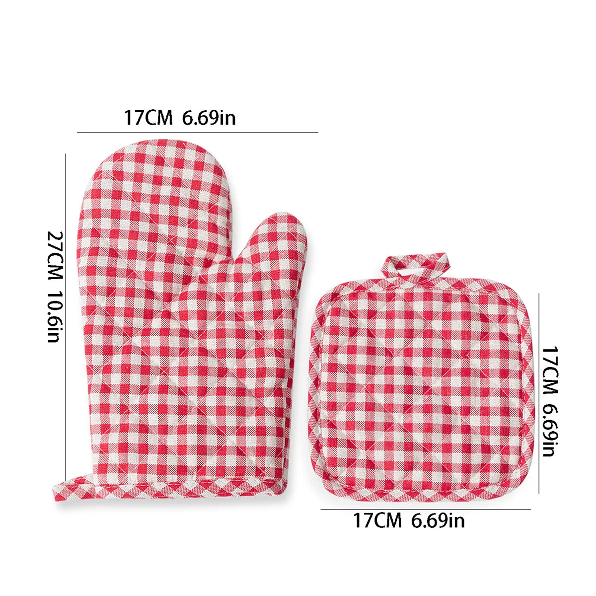 Anti Scald Oven Gloves, Kitchen With Cotton Lining, Thick Gloves Set, Multi-purpose Gloves, Red Checkered Oven Gloves Set