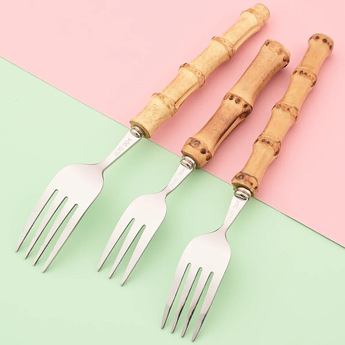 20Pcs Silver Bamboo Handle Cutlery Set 304 Stainless Steel Dinnerware Set Knife Dessert Fork Spoon Tableware Kitchen Flatware