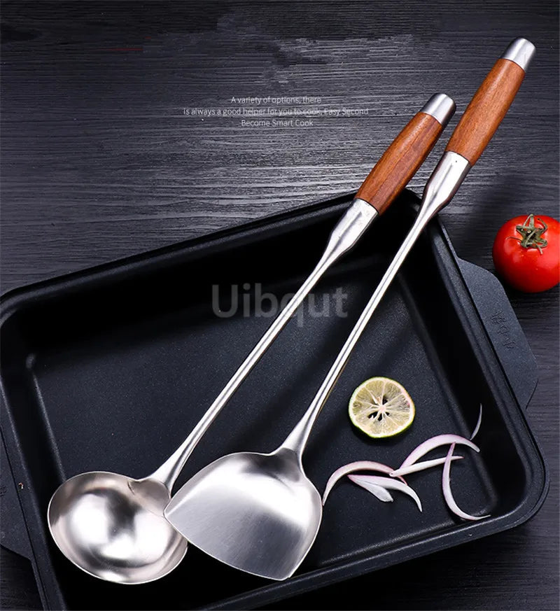 big long spatula shovel chef cooking cocina utensilios blade Kitchen Utensil Wooden Handle Stainless Steel Turner Soup Spoon wok