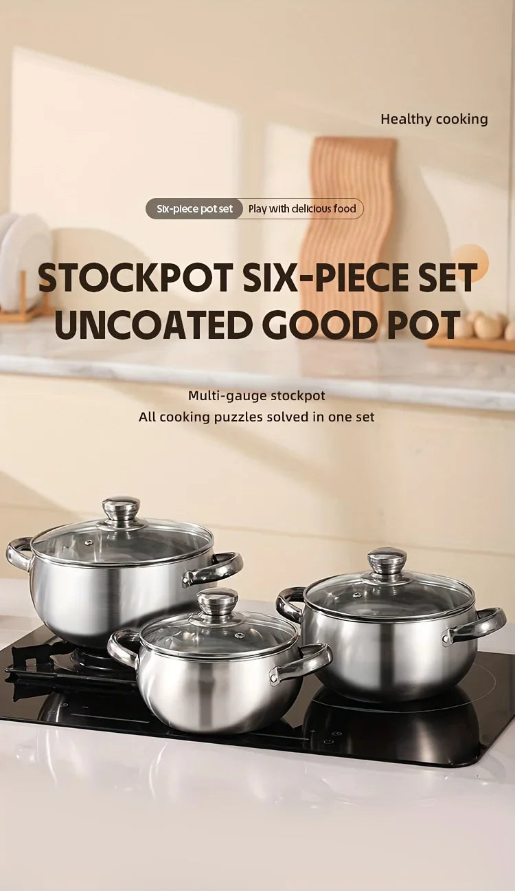 3pcs Stainless Steel Cookware Set with Lids - Induction Compatible, Thick Walls for Even Heating, Dual Handles & Covers ，