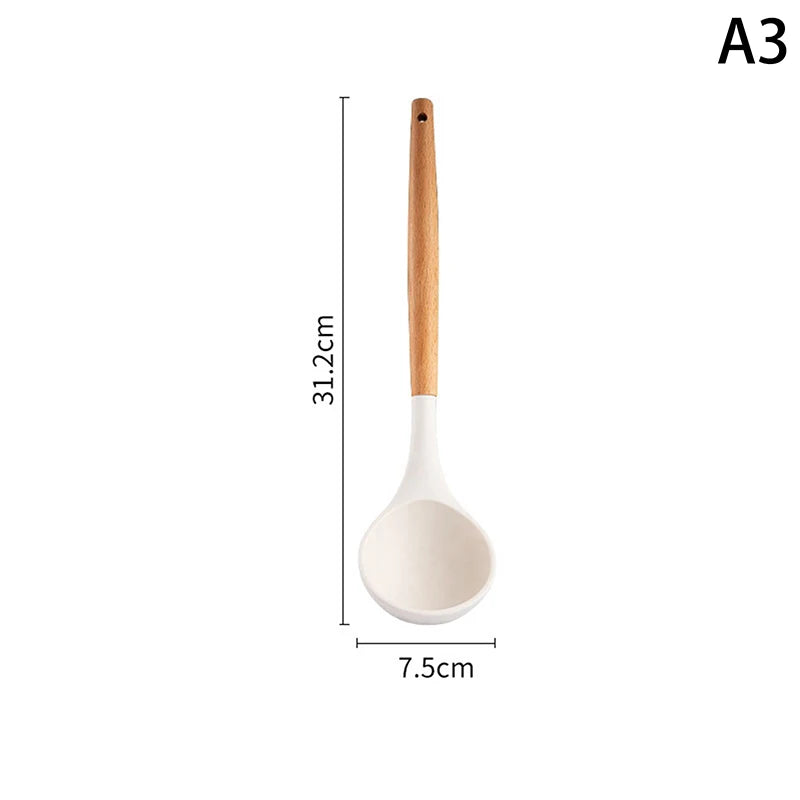 ♥Silicone Kitchen Utensil Set with Wooden Handles - Heat Resistant Spatula and Ladle for Nonstick Cookware