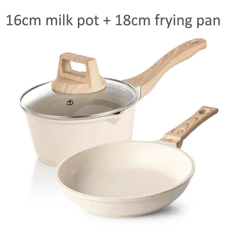 Non-Stick Frying Pan Set Maifan Stone Kitchen Soup Pot Milk Pan with Wooden Handle Pot Cookware Set Cooking Utensils for Kitchen