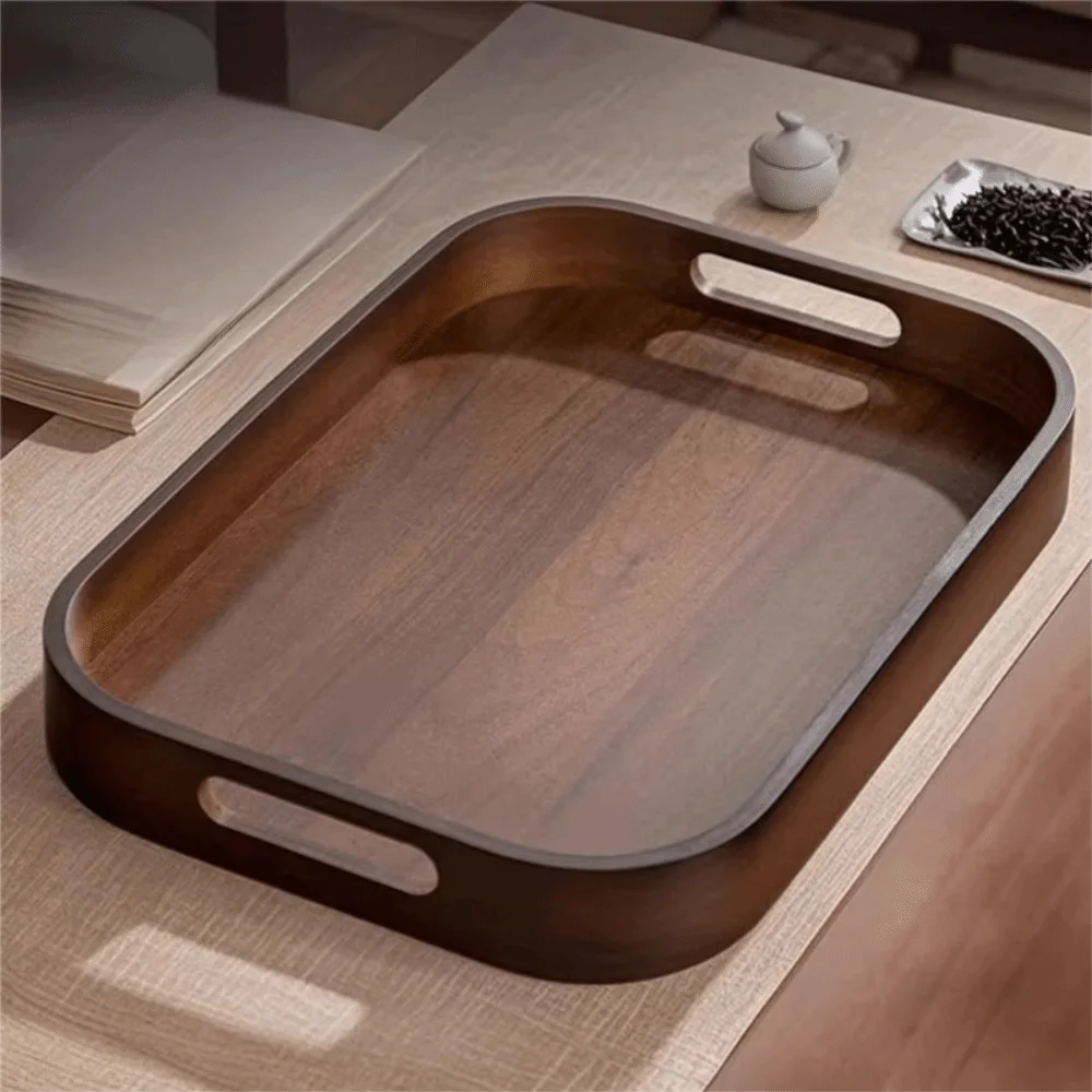 Simple Rectangular Walnut Tea Tray Hollowed-out Handle Polished Breakfast Serving Tray Vintage Tea Serving Plate Coffee Shop