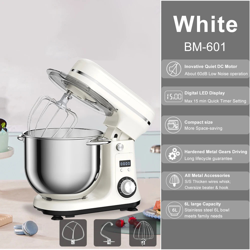 BioloMix 1200W Kitchen Stand Mixer with 6L Capacity Quiet DC Motor 6-Speed Functions for Blending Whisking And Kneading