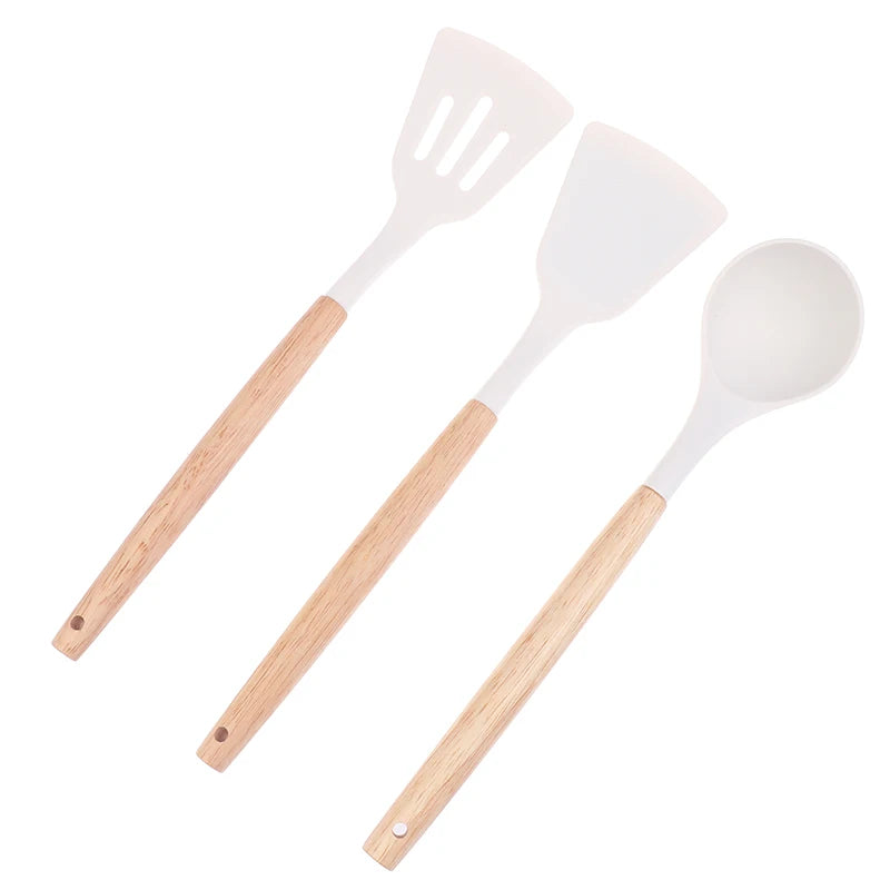 ♥Silicone Kitchen Utensil Set with Wooden Handles - Heat Resistant Spatula and Ladle for Nonstick Cookware