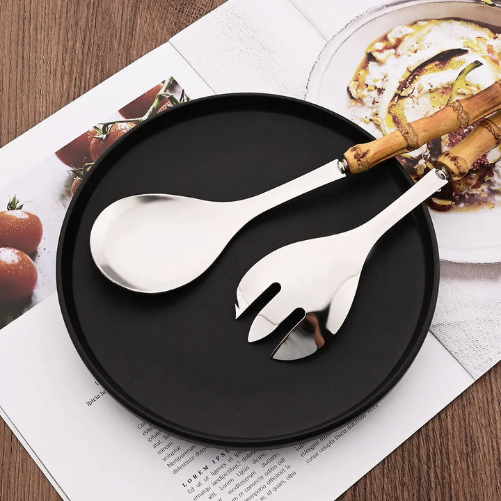 2Pcs Silver Dinnerware Cutlery 304 Stainless Steel Wood Bamboo Handle Food Serving Salad Spork Server Fork Spoon Tableware Set
