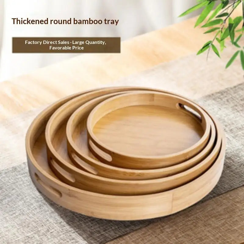 Round Bamboo Tray Wooden With Handle Tea Food Tray 25/30/35/40CM Serving Tray Breakfast Dinner