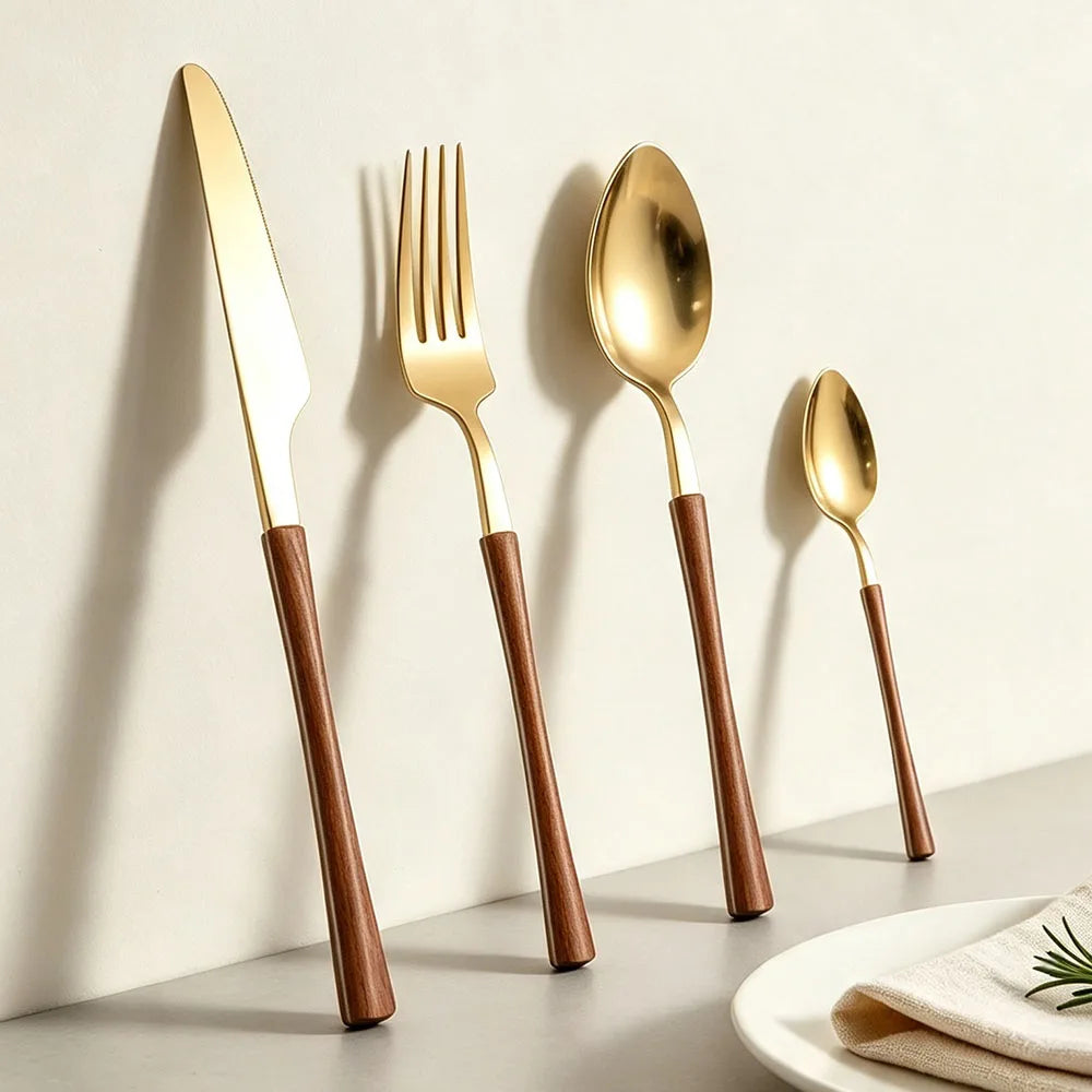 4Pcs Dinnerware Sets Stainless Steel Flatware Imitation Wooden Handle Cutlery Clamp Western Tableware Knife Fork Tea Spoon