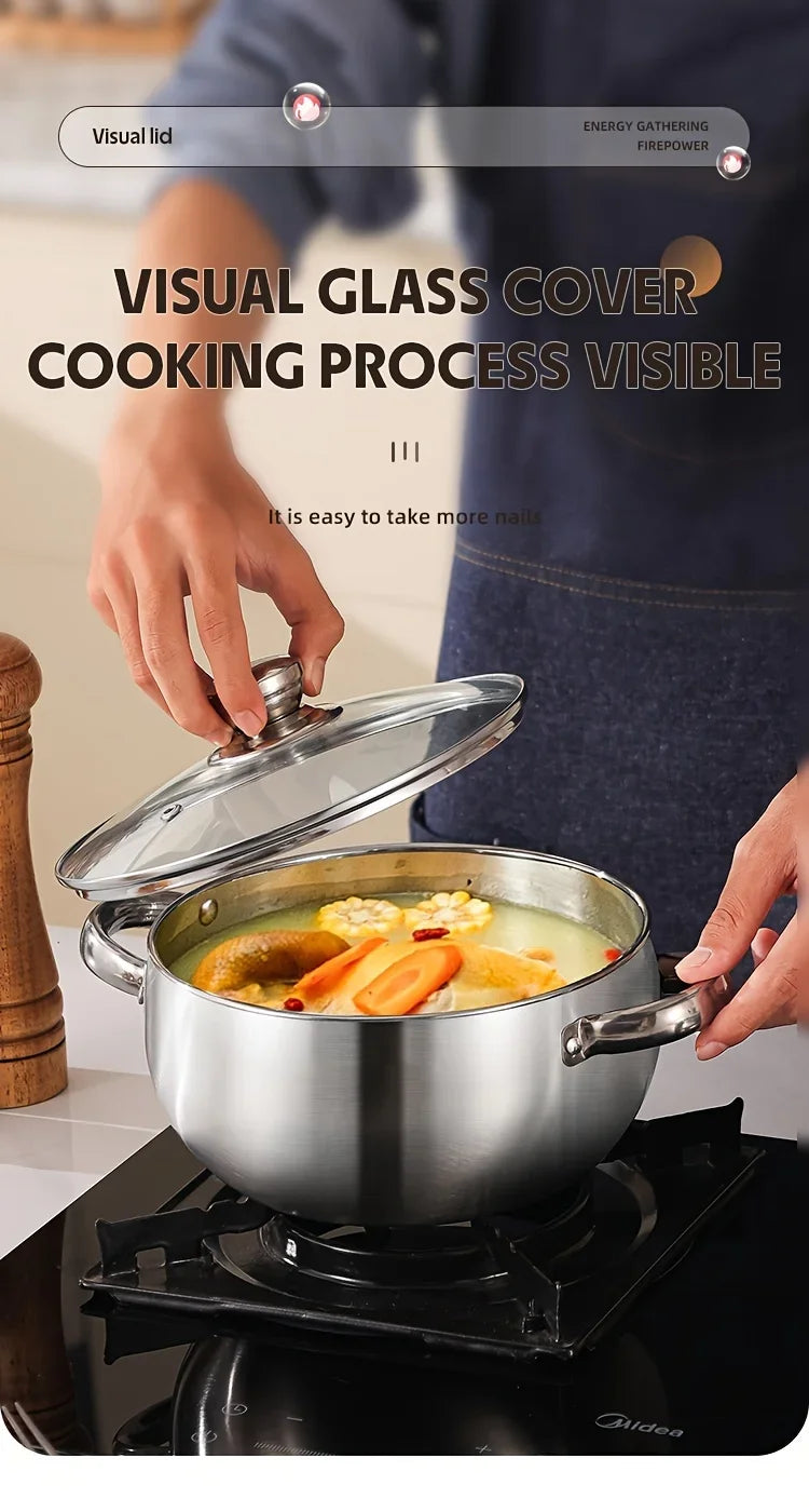 3pcs Stainless Steel Cookware Set with Lids - Induction Compatible, Thick Walls for Even Heating, Dual Handles & Covers ，