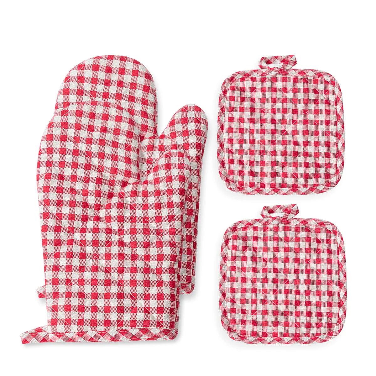 Anti Scald Oven Gloves, Kitchen With Cotton Lining, Thick Gloves Set, Multi-purpose Gloves, Red Checkered Oven Gloves Set