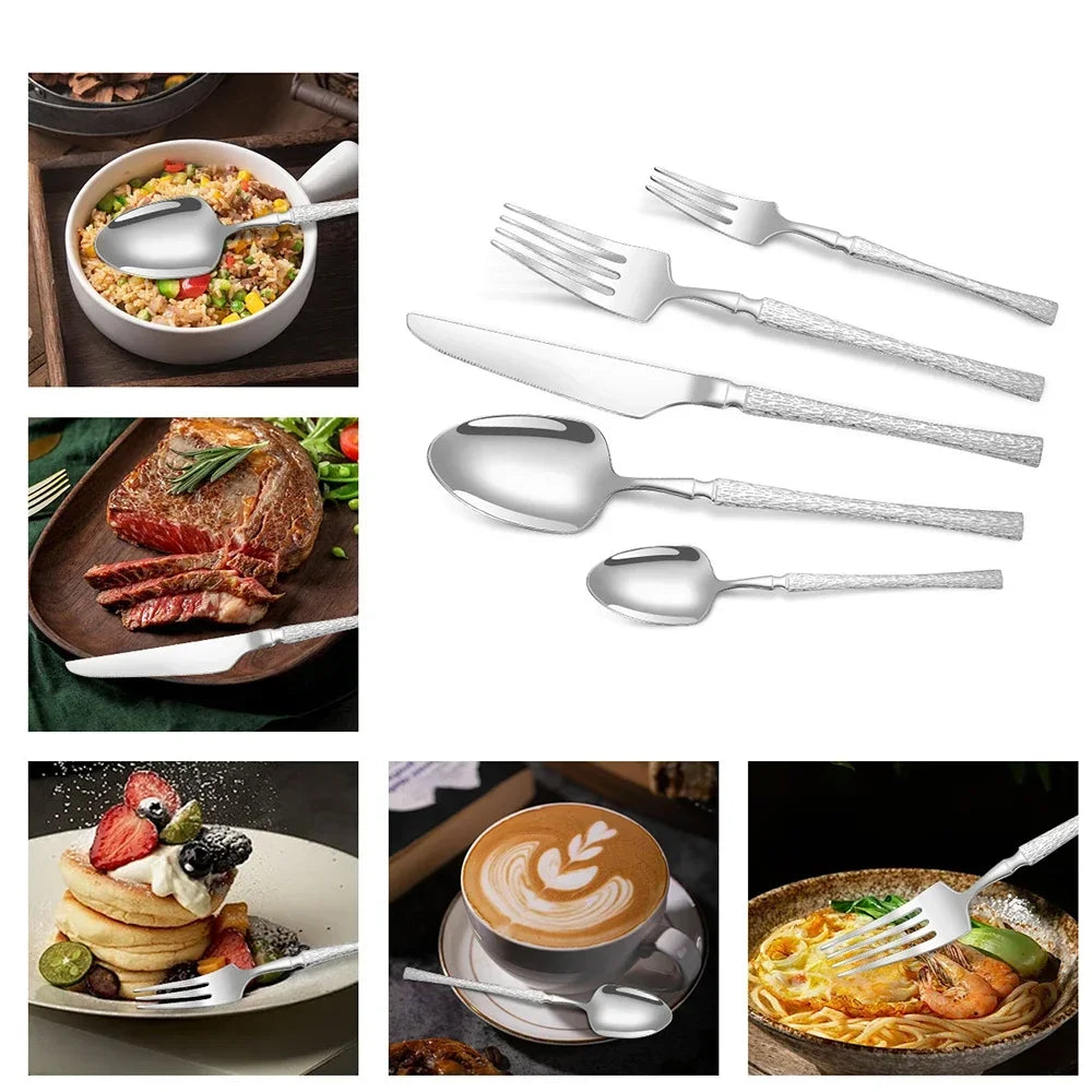 40/60pcs Stainless Steel Cutlery Set,Hammer Pattern Handle,Dishwasher Safe Flatware,Durable Dinnerware for Home,Restaurant,Party