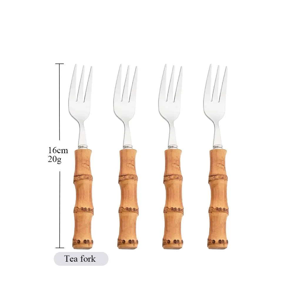 304 Stainless Steel Dinnerware Bamboo Silver 4/6/10Pcs Tea Fork Cutlery Set Western Fruit Cake Fork Tableware Home Flatware Set