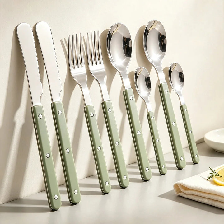 8Pcs Stainless Steel Tableware Acrylic Handle Green Silver Dinnerware Set Knife Fork Spoon Teaspoon Cutlery Kitchen Flatware Set