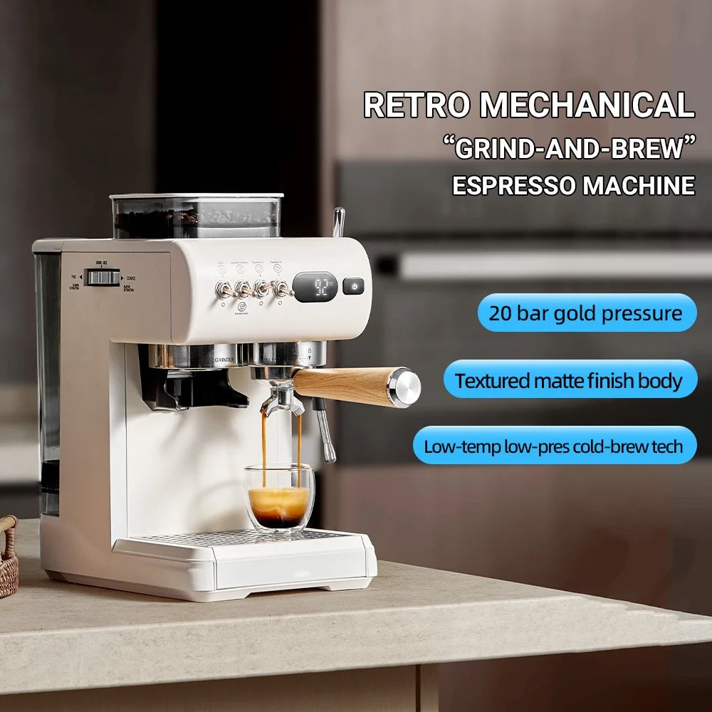 Semi-Automatic Espresso Machine with Built-in Grinder, Hot & Cold Dual Brew System with Steam Milk Frother, Compact Home Barista