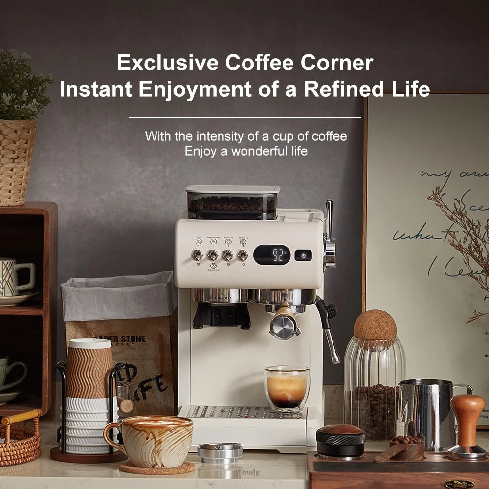 Semi-Automatic Espresso Machine with Built-in Grinder, Hot & Cold Dual Brew System with Steam Milk Frother, Compact Home Barista