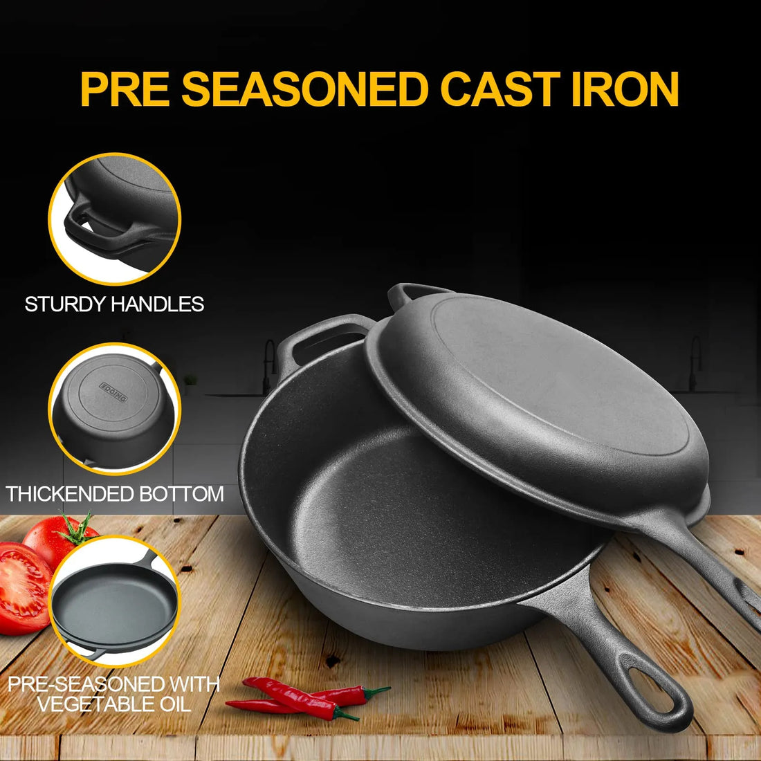 2-in-1 Pre-Seasoned Cast Iron Dutch Oven Pot 10" Deep Pot And Frying Pan For Cooking Baking Bread 3QT Skillet Cookware Set