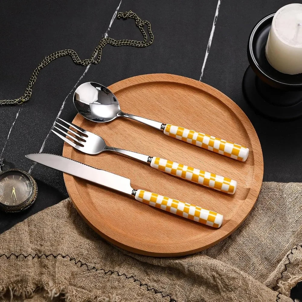 3-Piece Cutlery Set, Stainless Steel Flatware Sets with Checkerboard Pattern Ceramic Handle Utensils Including Knife Fork Spoon