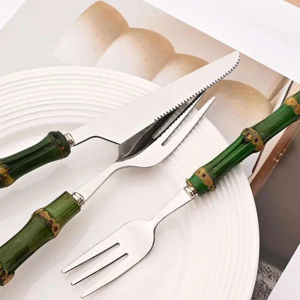 5Pcs Natural Green Bamboo Handle Cutlery Set 304 Stainless Steel Tableware Set Knife Fork Spoon Dinnerware Kitchen Flatware