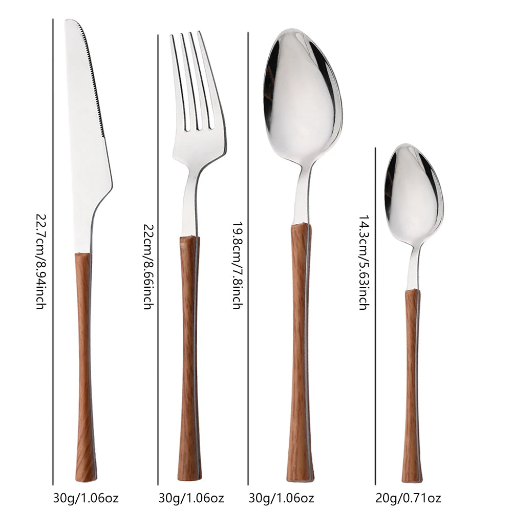 4Pcs Dinnerware Sets Stainless Steel Flatware Imitation Wooden Handle Cutlery Clamp Western Tableware Knife Fork Tea Spoon