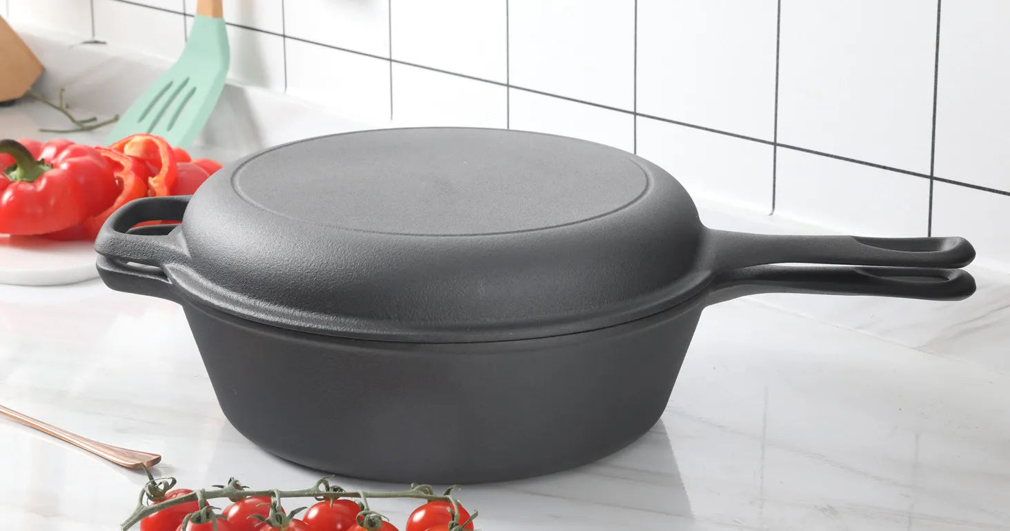 2-in-1 Pre-Seasoned Cast Iron Dutch Oven Pot 10" Deep Pot And Frying Pan For Cooking Baking Bread 3QT Skillet Cookware Set