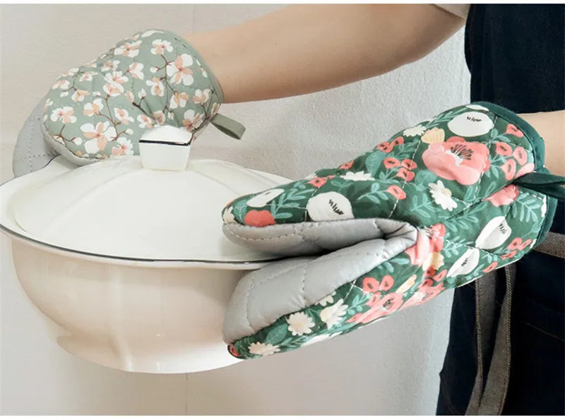 Bakeware Oven Mitts Kitchen Hot Resistant Heart-shaped Hand Clip Insulation Pad Flower Cotton Printed Baking Oven Gloves
