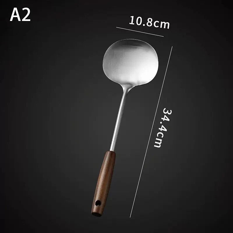 Stainless Steel Wok Spatula Chef-specific Cooking Spoon Wooden Long Handle Mushroom Shovel Kitchen Cooking Utensils