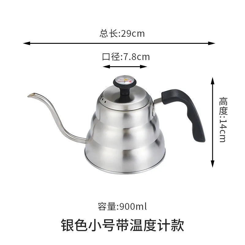 Black Goose Beak Kettle 1.0L Stainless Steel Coffee Pot with Gooseneck Thin Mouth Thermometer for Espresso Coffee Making